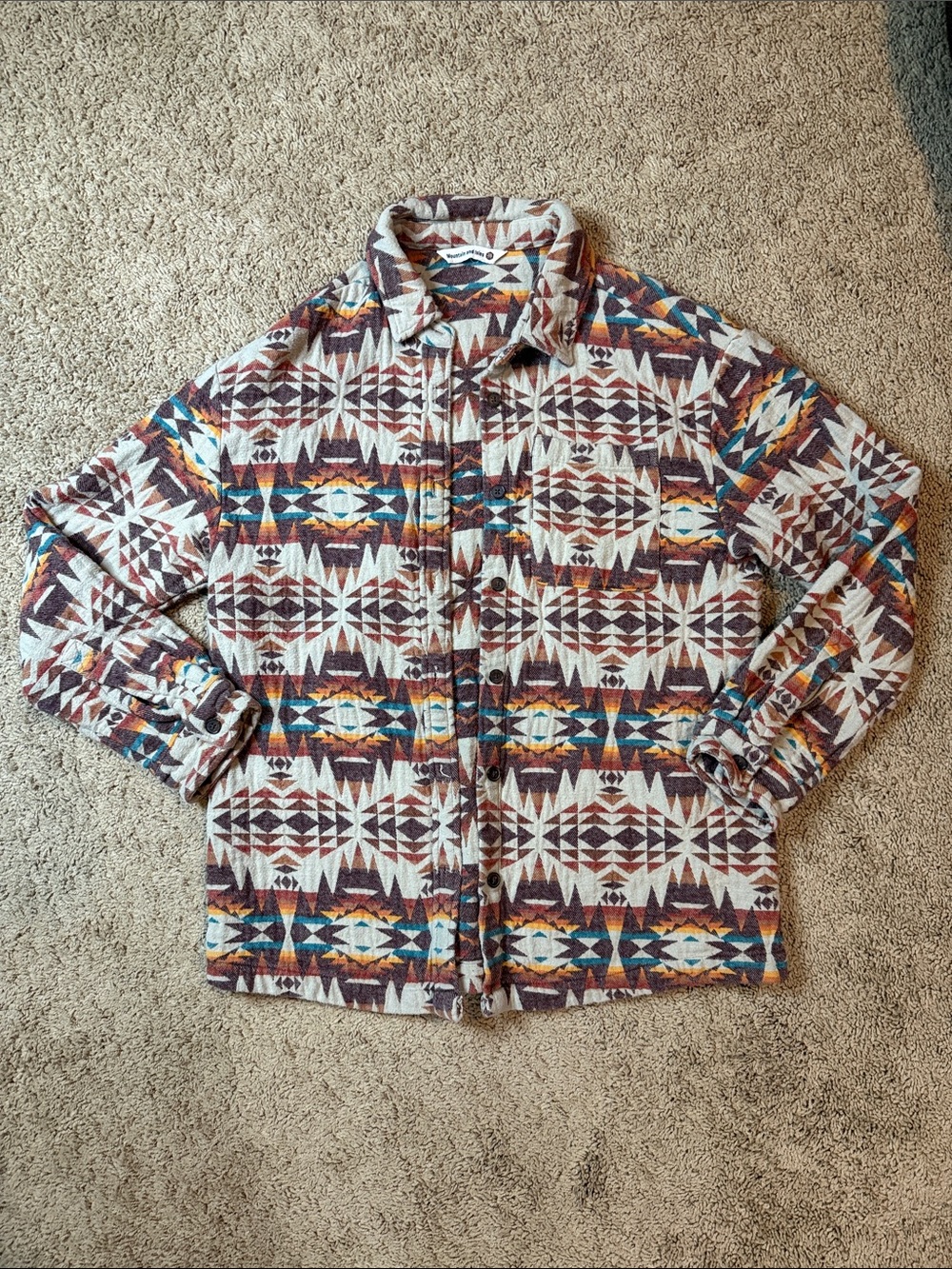 Mountain and Isles Geometric Pattern Quilted Shirt in Brown and Cream Size Small